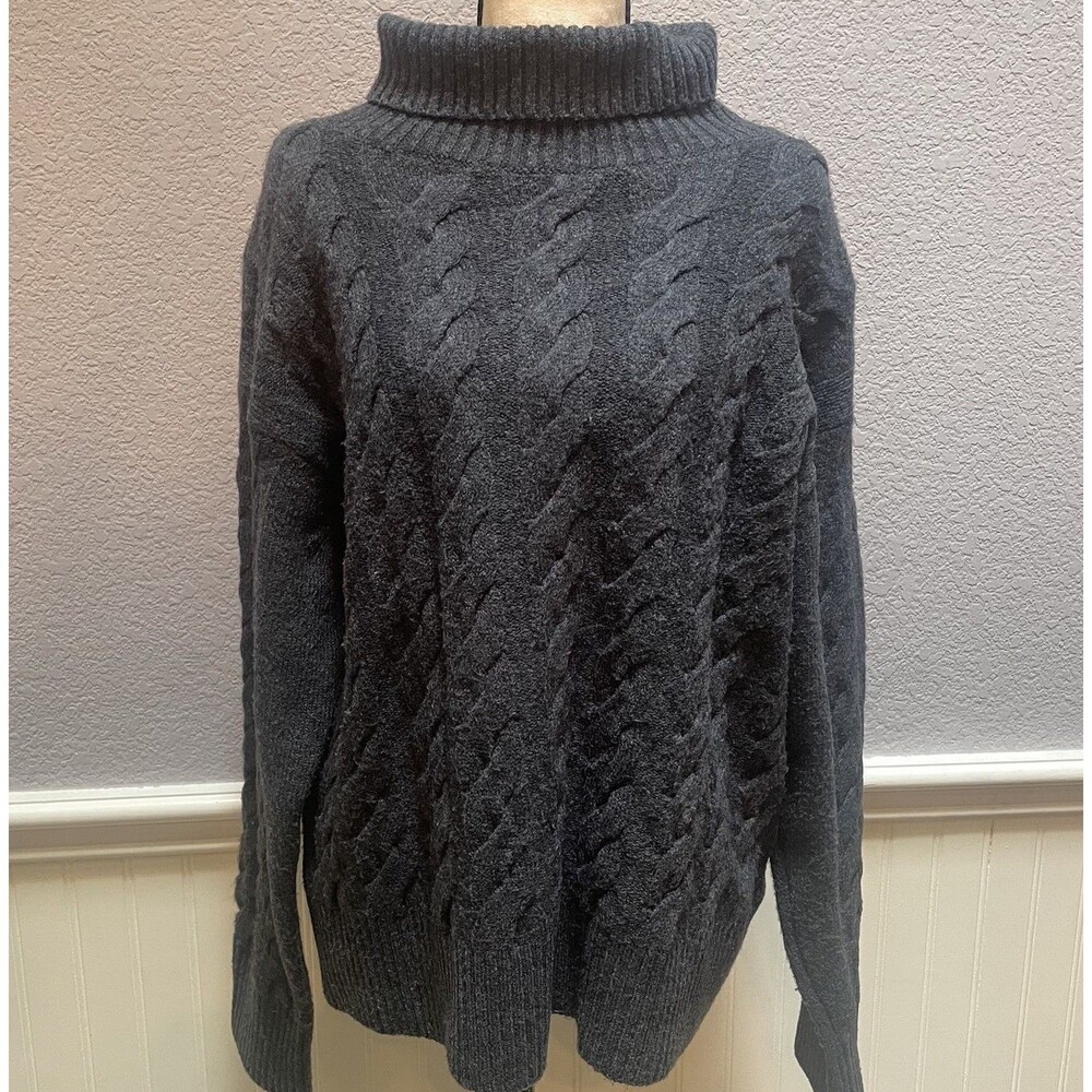 Nordstrom Cable Knit Turtleneck Sweater M Grey Wool Blend Charcoal Fall Chunky